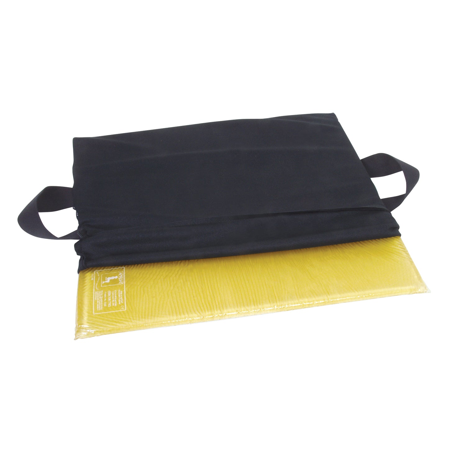 The AliMed T-Gel Wheelchair Cushion is partially slid out of its black carrying bag, showing its yellow surface and handles.
