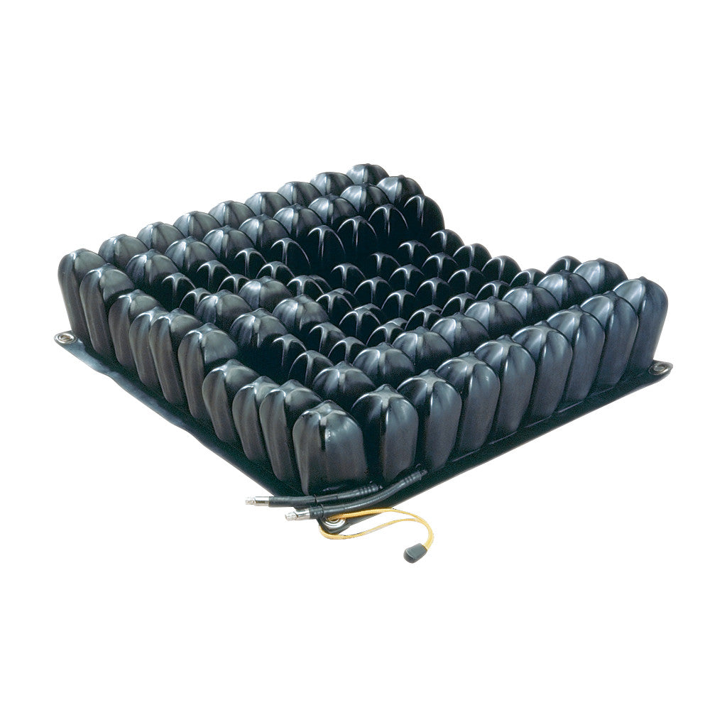 ROHO ENHANCER Wheelchair Cushion with interconnected air cells for pressure relief and comfort, black with attached air valves.