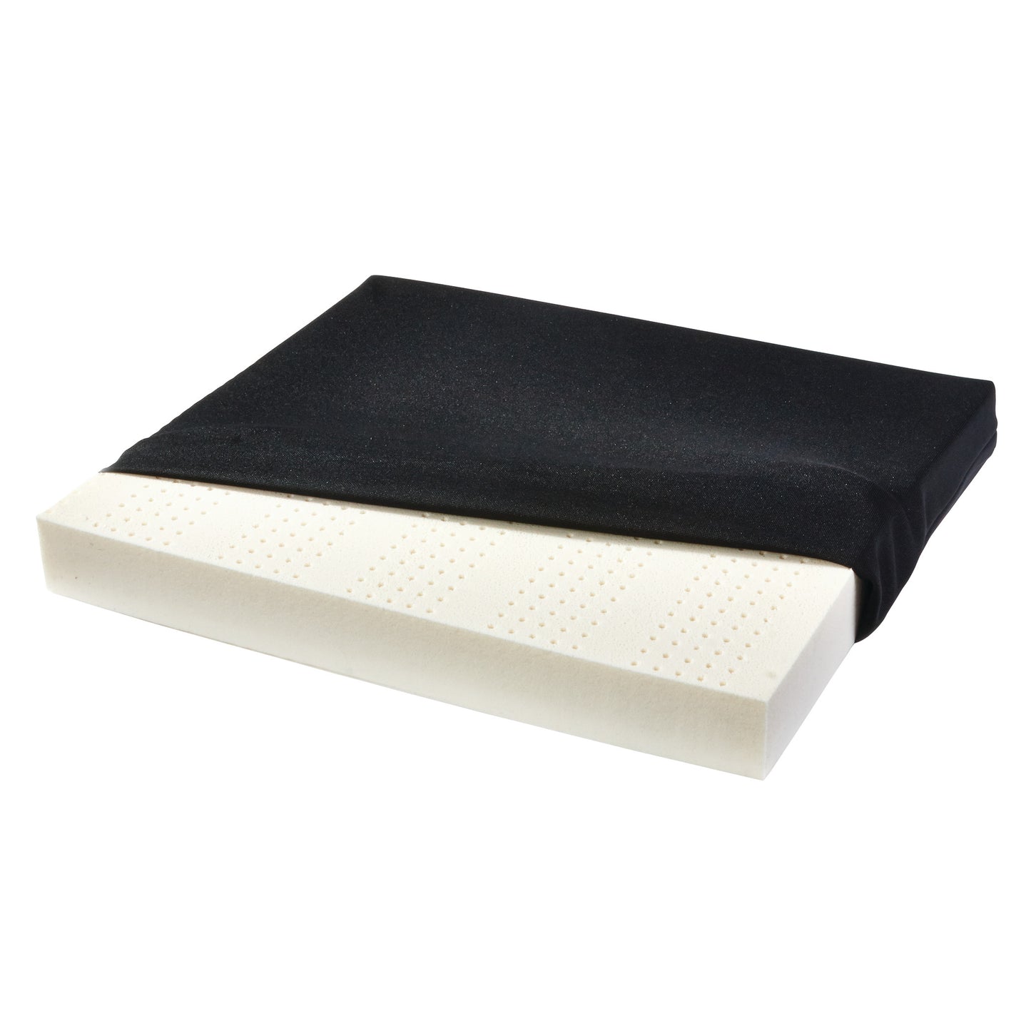 AliMed Latex Comfort Wheelchair Cushion with a black cover, revealing a perforated white foam interior.