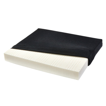 AliMed Latex Comfort Wheelchair Cushion with a black cover, revealing a perforated white foam interior.