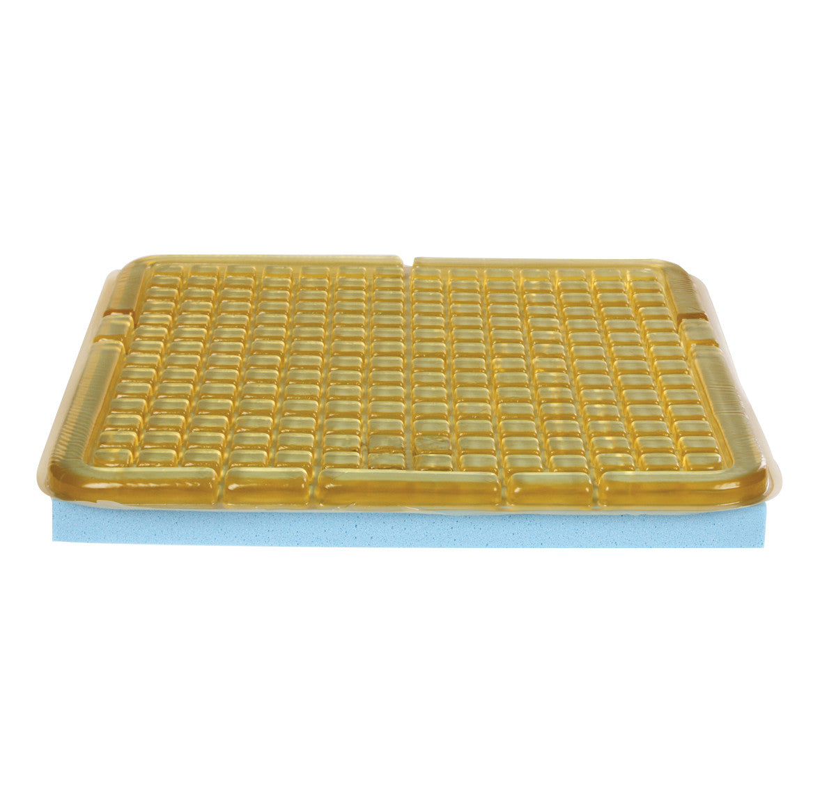The AliMed Checkerboard T-Gel Plus Wheelchair Cushion has a yellow gel layer with a checkerboard pattern on a blue foam base.