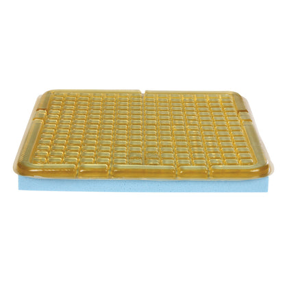The AliMed Checkerboard T-Gel Plus Wheelchair Cushion has a yellow gel layer with a checkerboard pattern on a blue foam base.