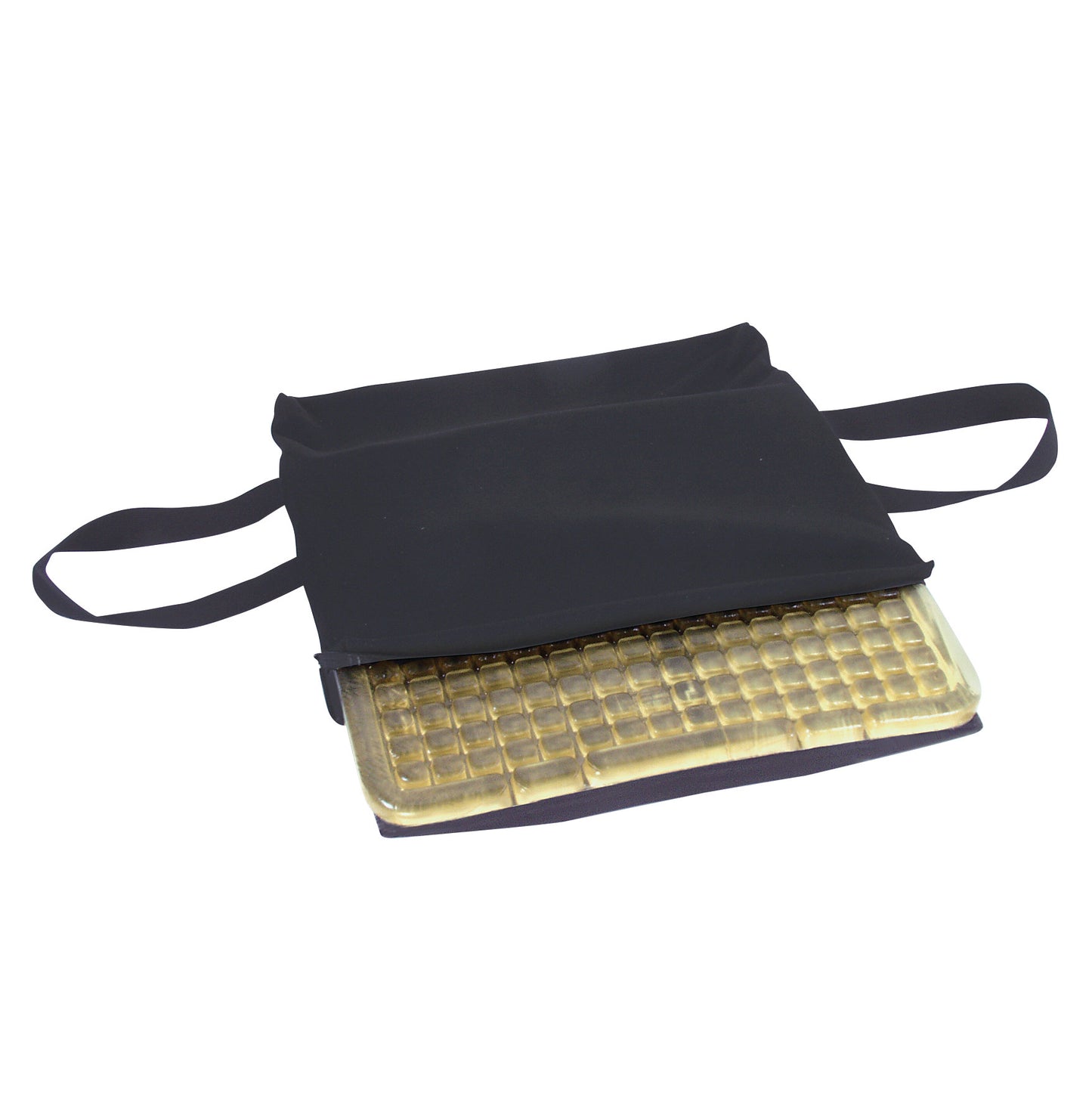 AliMed Checkerboard T-Gel Wheelchair Cushion with Solid Seat Insert, partially visible, with a black cover and handles.