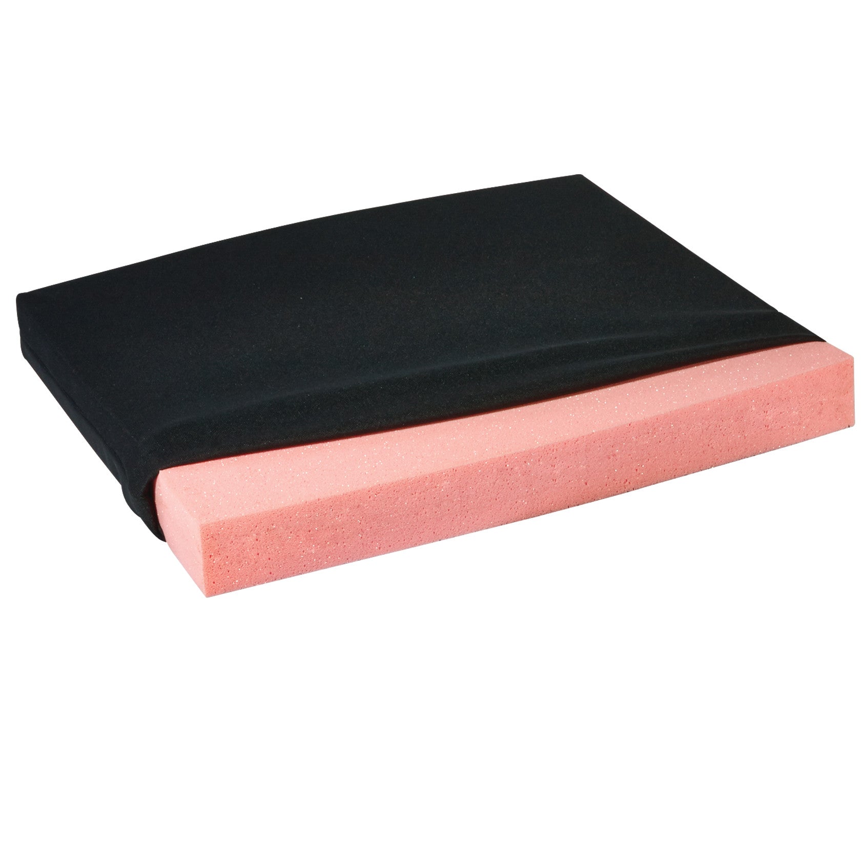 AliMed T-Foam Uncovered Wheelchair Cushion with black cover partially removed reveals a pink foam interior.