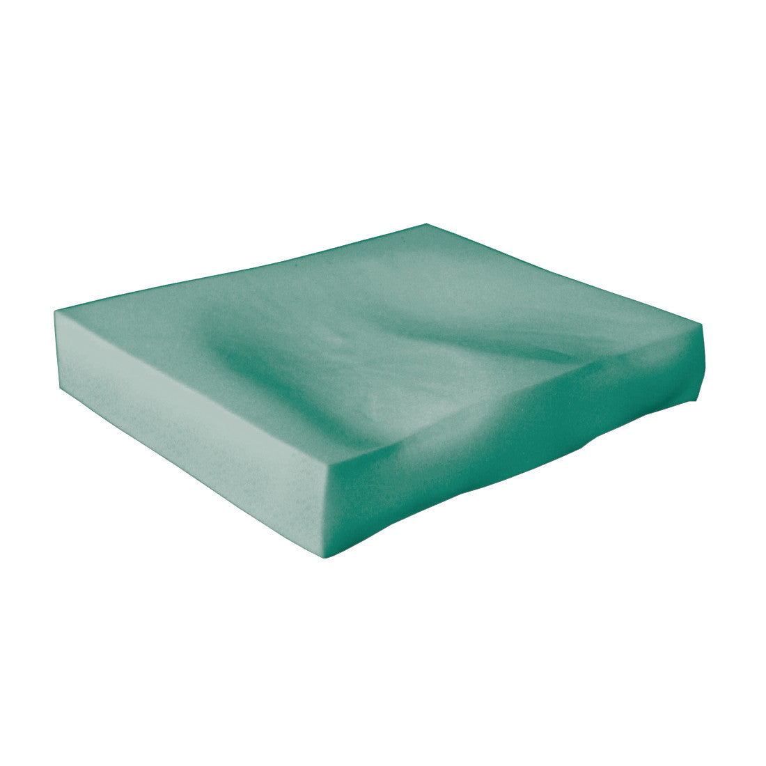 This is the AliMed Basic T-Foam Wheelchair Cushion, shown as a rectangular, contoured green foam pad on a plain background.