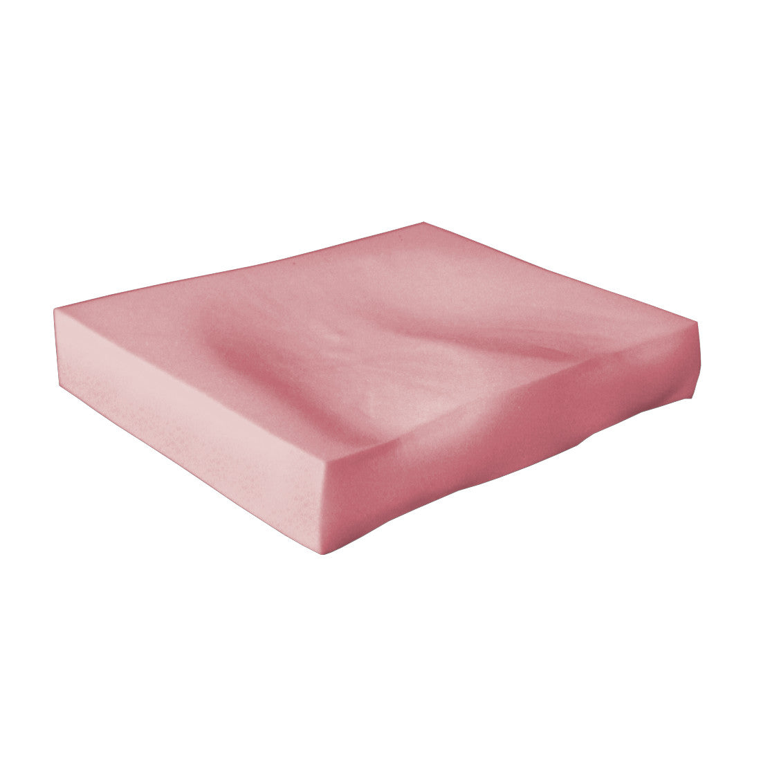 A pink AliMed Basic T-Foam Wheelchair Cushion with a slight indentation on the surface, designed for comfort and support.