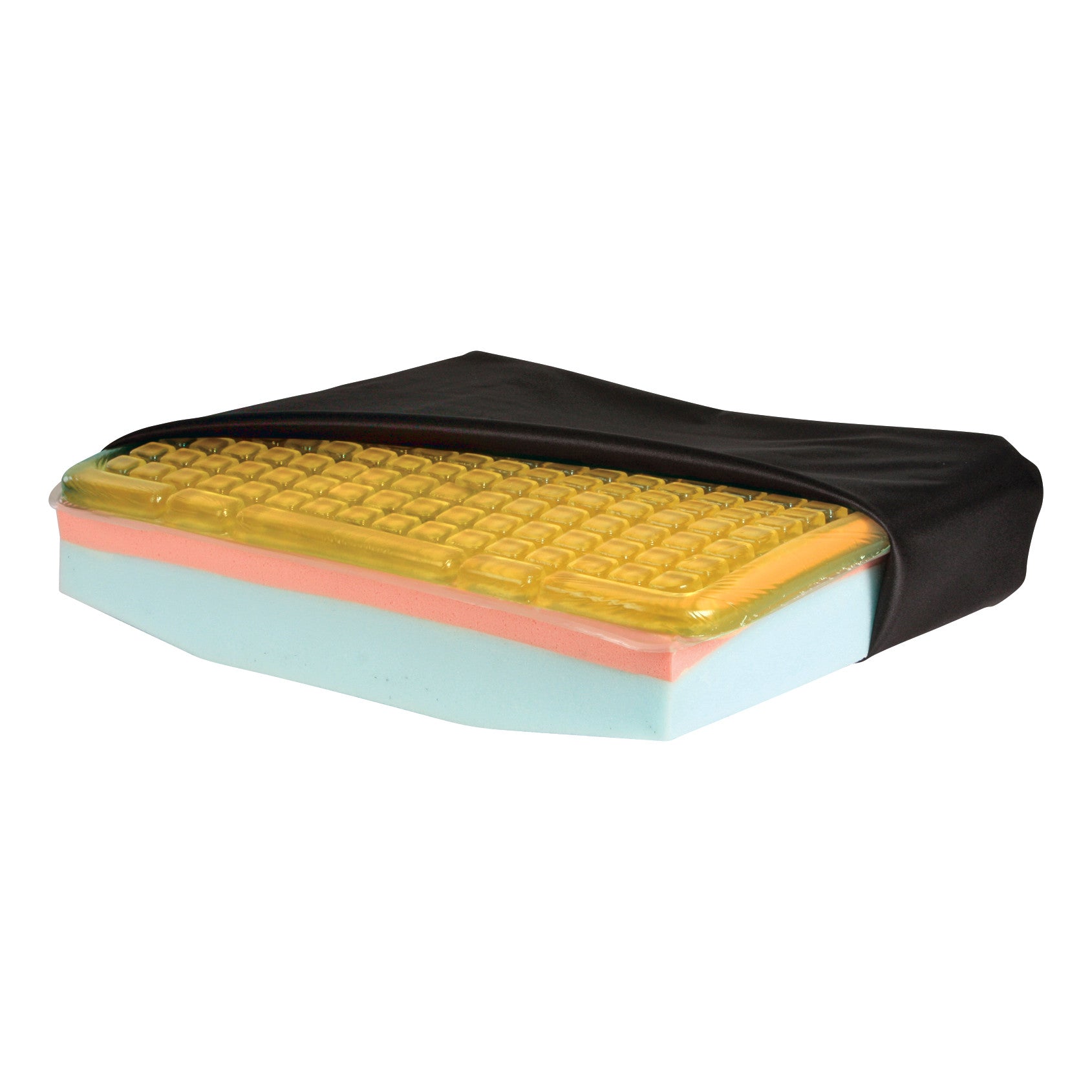 AliMed Coccyx Wheelchair Cushion with Checkerboard T-Gel Topper showing layers of foam and gel with a partially removed black cover.