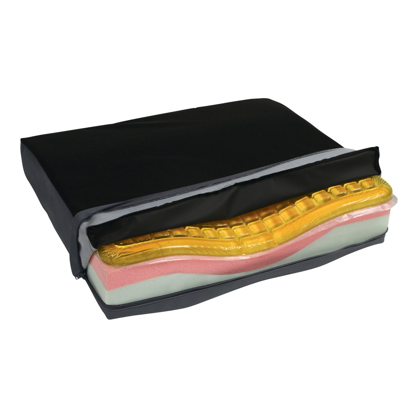AliMed Coccyx Wheelchair Cushion with Checkerboard T-Gel Topper showing layers of foam and gel inside a partially open black cover.