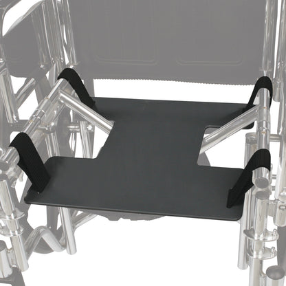 AliMed Drop Seat installed on a wheelchair frame, featuring a black platform with straps for secure attachment.