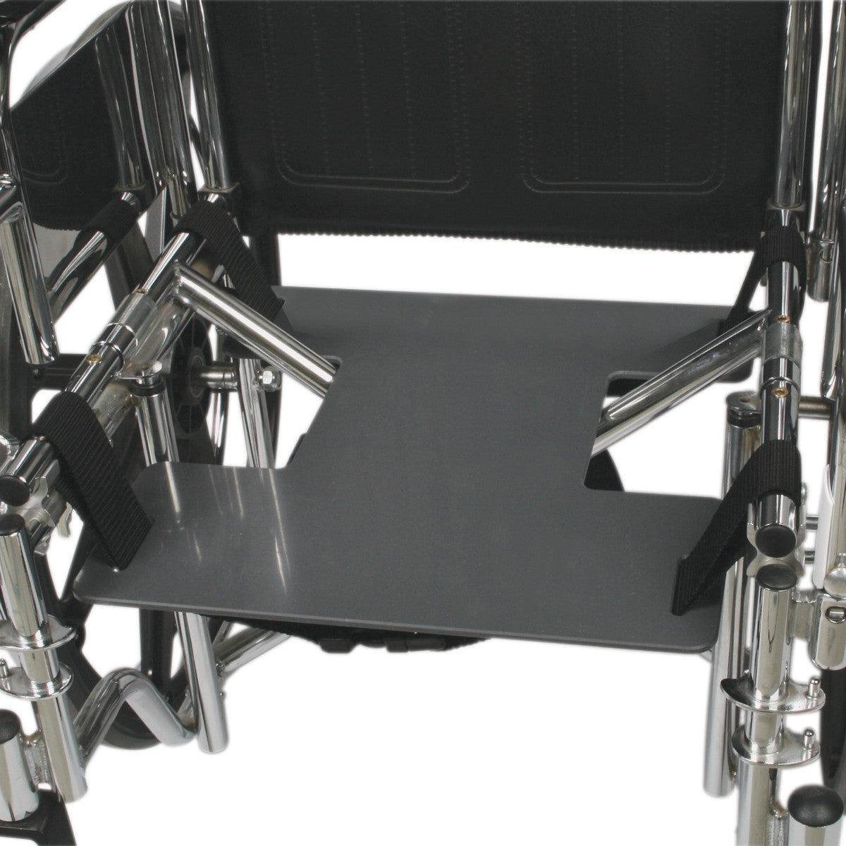 AliMed Drop Seat in a wheelchair, featuring black straps and a metal frame, designed for support and stability.