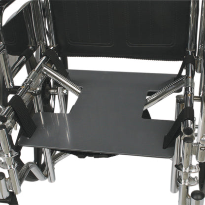 AliMed Drop Seat in a wheelchair, featuring black straps and a metal frame, designed for support and stability.