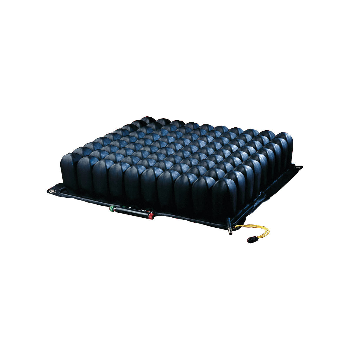 ROHO QUADTRO SELECT HIGH-PROFILE Wheelchair Cushion with black air-filled cells for pressure relief and a yellow adjustment valve.