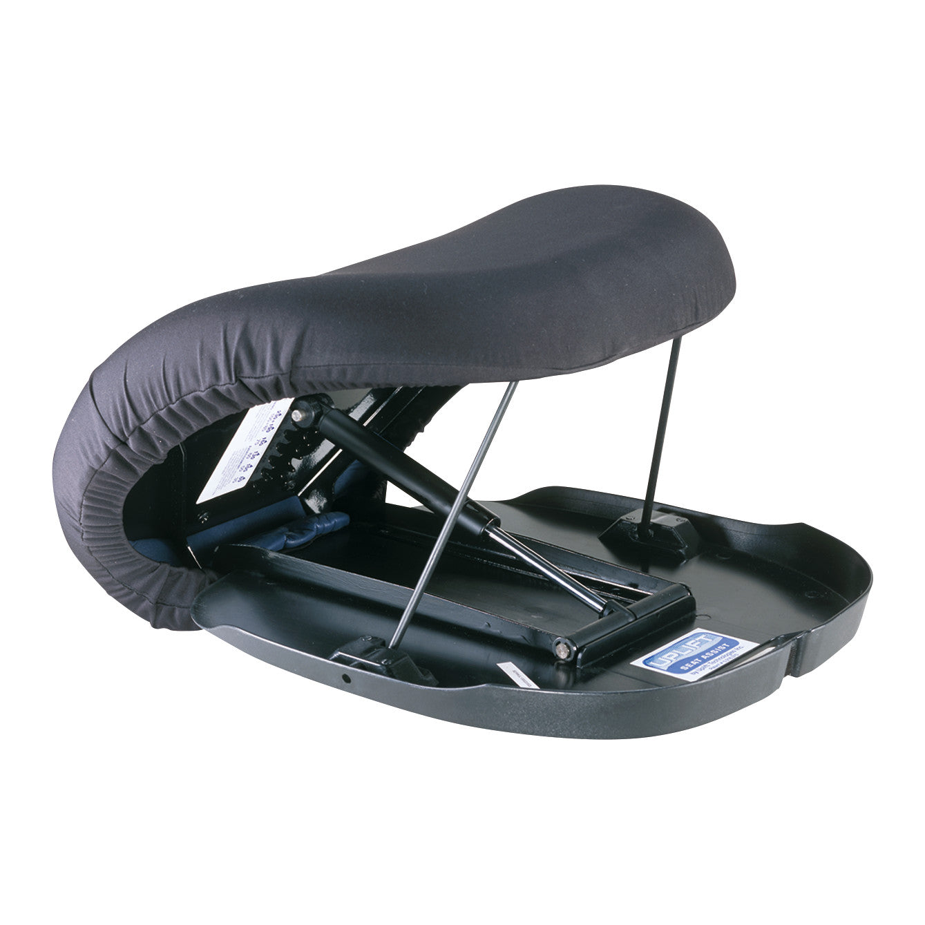 Carex Uplift Seat Assist, a black cushioned seat lift with a hydraulic mechanism and sturdy support frame, designed to aid mobility.