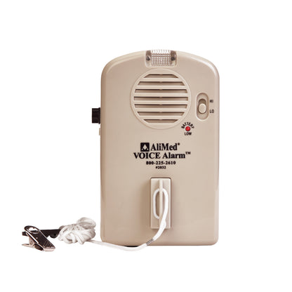 The AliMed IQ VOICE Alarm device with a speaker, volume control, battery indicator, and attached clip cord is shown.