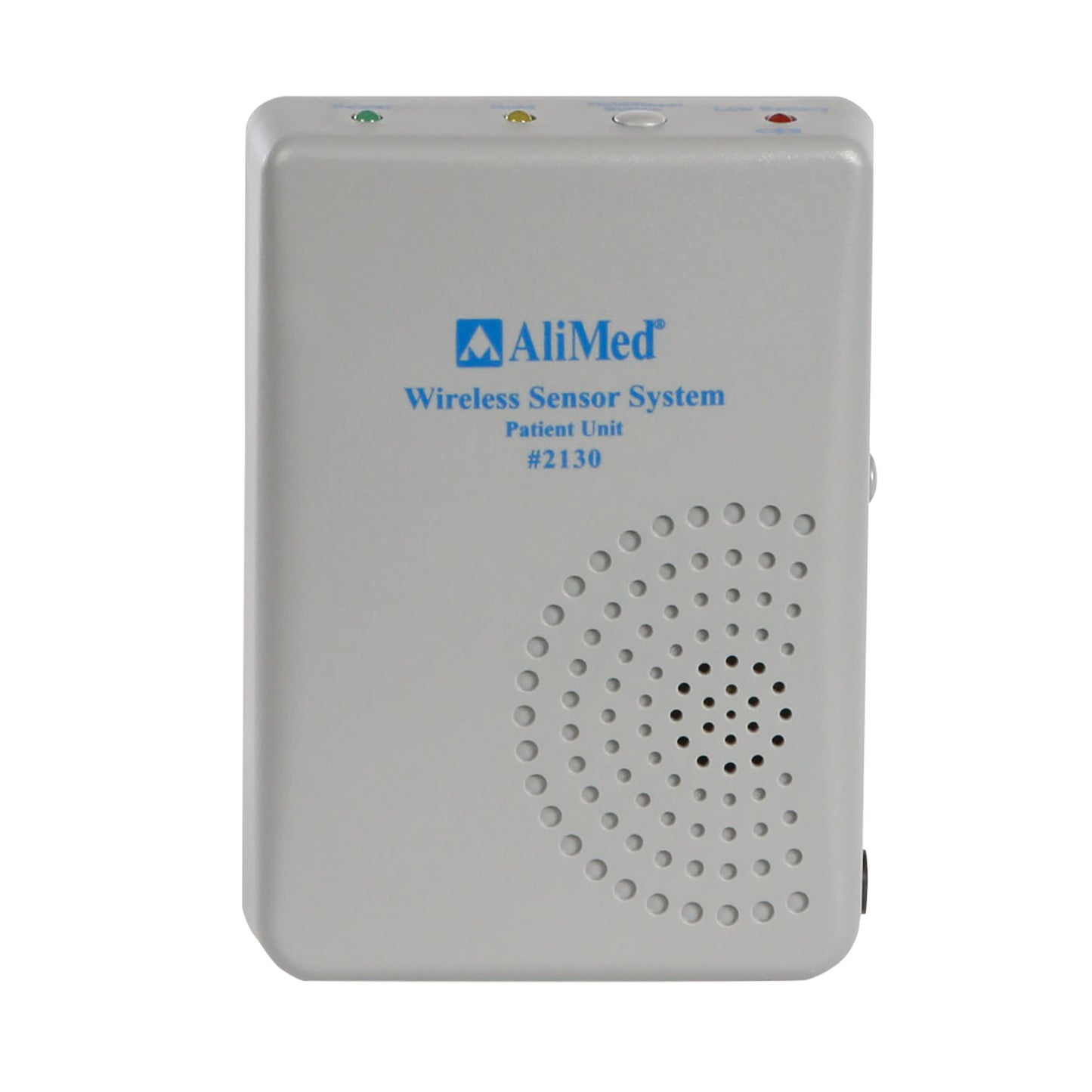 The AliMed Patient Alarm/Transmitter Unit is a rectangular device with indicator lights, speaker holes, and control buttons.