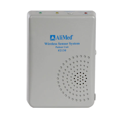 The AliMed Patient Alarm/Transmitter Unit is a rectangular device with indicator lights, speaker holes, and control buttons.