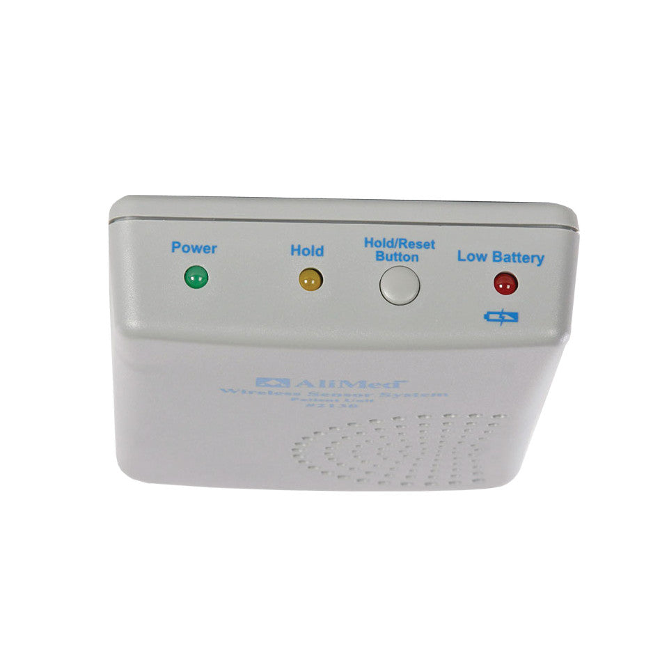 AliMed Patient Alarm/Transmitter Unit with green, yellow, and red indicator lights, and a Hold/Reset button on the front.