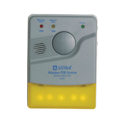 AliMed Remote Receiver Alarm Unit with three indicator lights, a speaker, and a yellow base with light bulbs for wireless monitoring.
