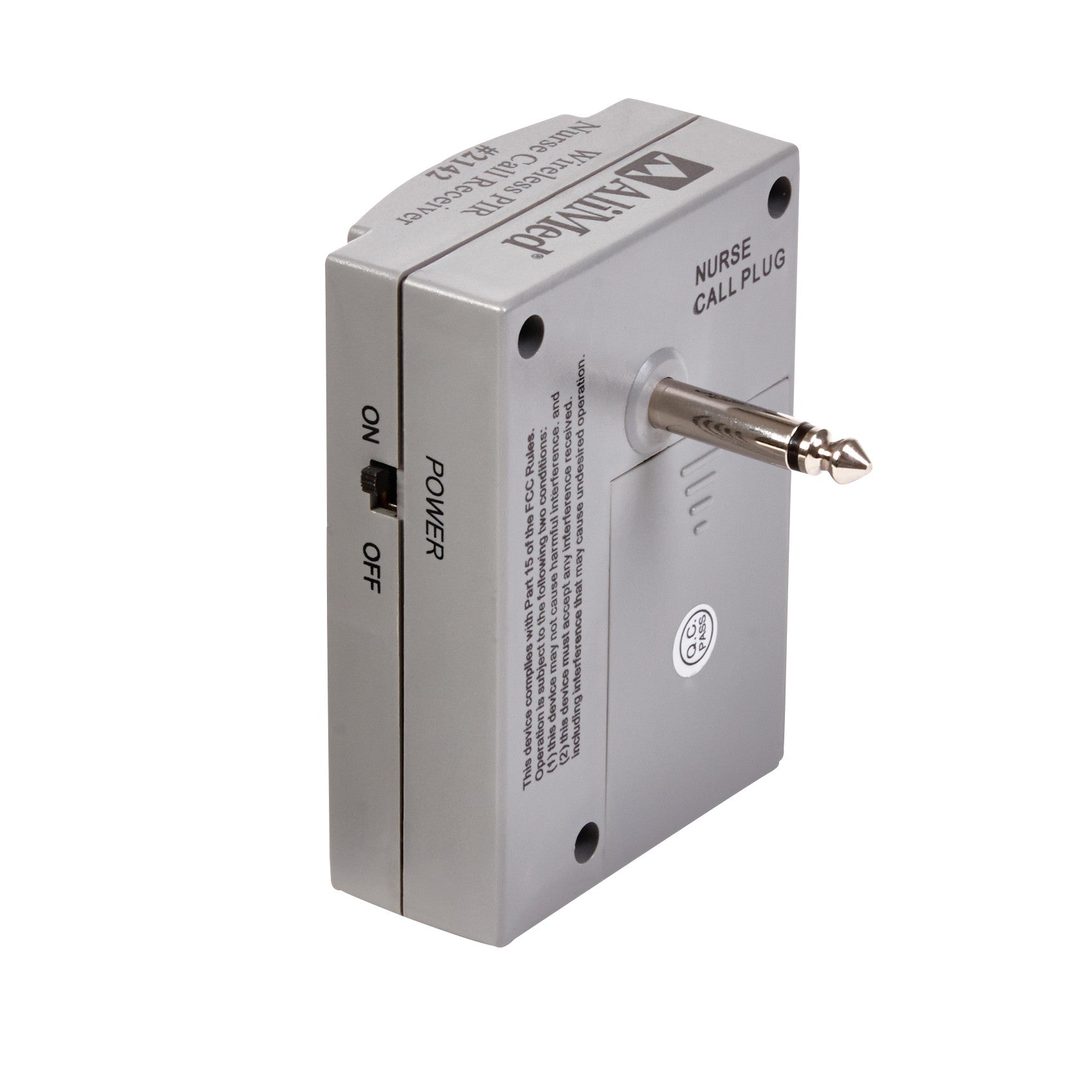 AliMed Nurse-Call Device with a grey rectangular body, a power switch labeled on/off, and a metal plug for connectivity.
