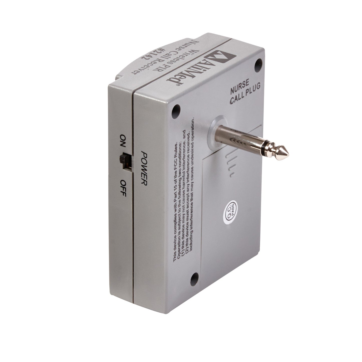 AliMed Nurse-Call Device with a grey rectangular body, a power switch labeled on/off, and a metal plug for connectivity.