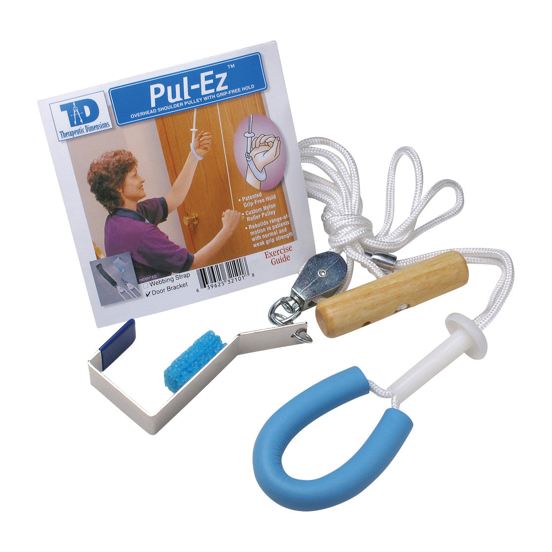 The RangeMaster Pul-EZ Grip-Free Shoulder Pulley features a wooden handle, blue foam grip, and door bracket for shoulder exercises.