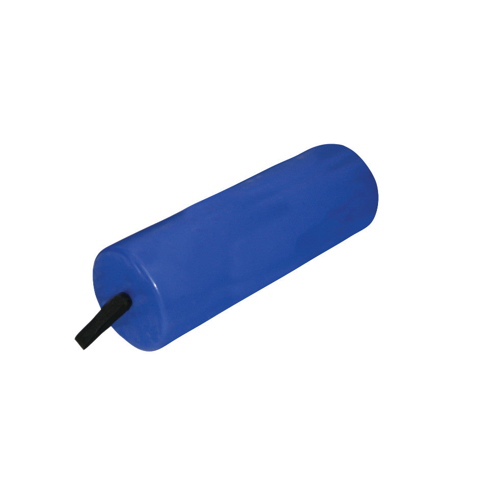 Skillbuilders Roll in blue with a smooth, cylindrical shape and a black strap attached at one end, designed for therapy or support.