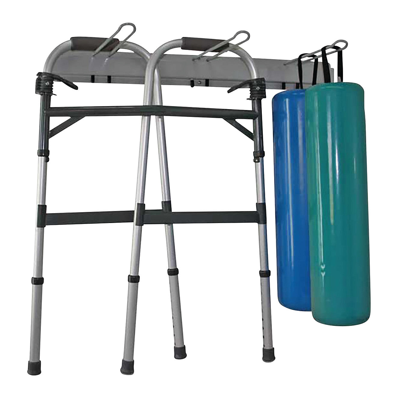 Skillbuilders Positioning Roll Storage Rack displaying two silver walkers and two cylindrical cushion rolls in blue and green.