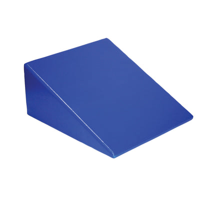 The Skillbuilders Positioning Wedge is a blue foam wedge-shaped cushion used for positioning and support in therapy or rehab.