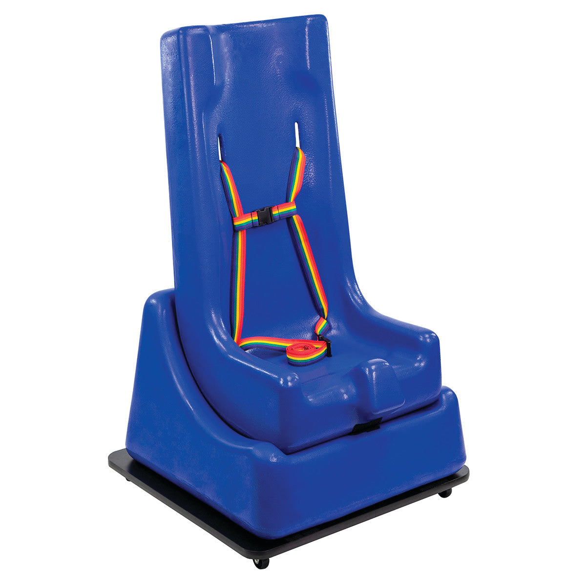 Three-Piece Mobile Floor Sitter is a blue molded seat with multicolored safety straps, designed for stability and support.