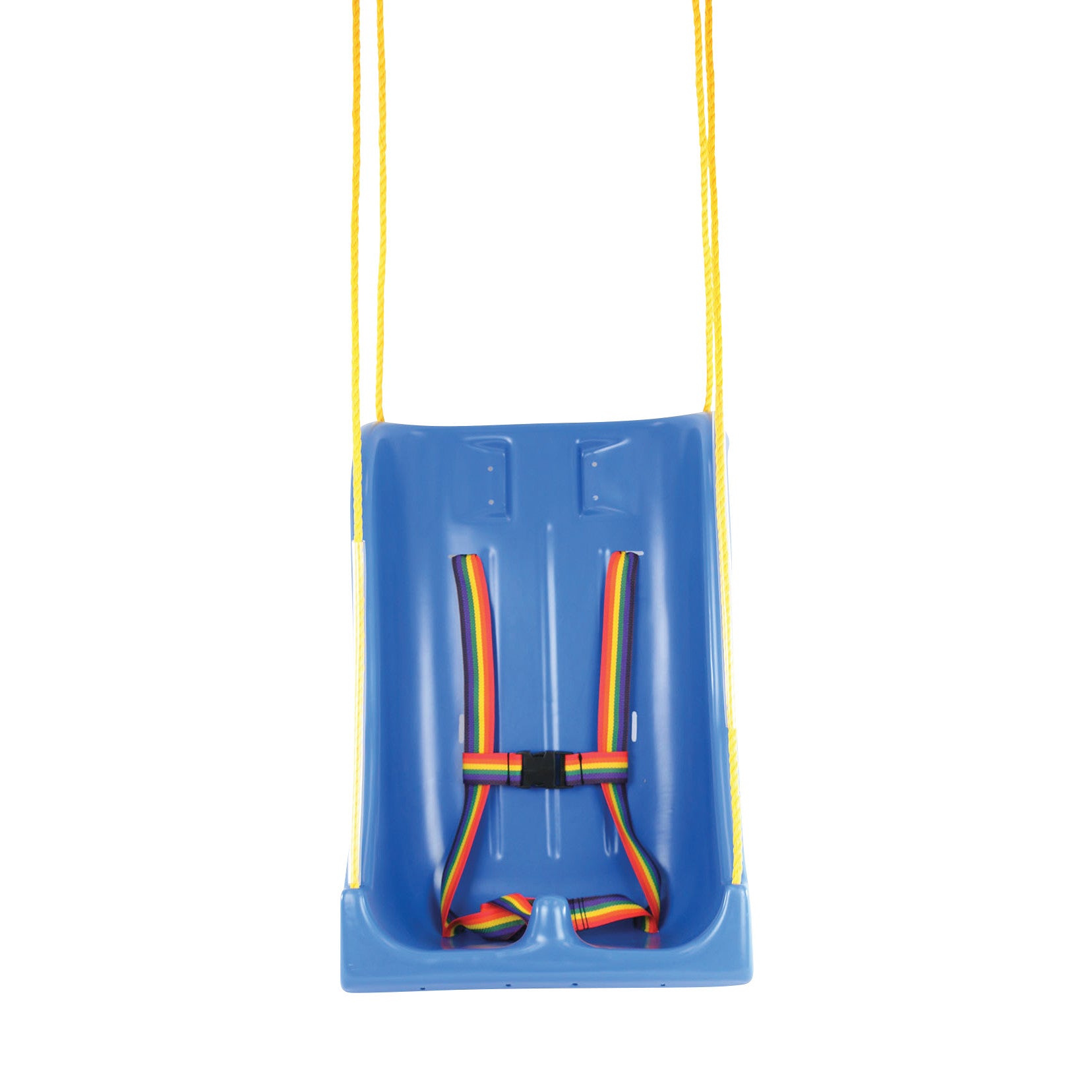 The Skillbuilders Full Support Swing Seat is a blue swing with yellow ropes and a rainbow harness for secure support.