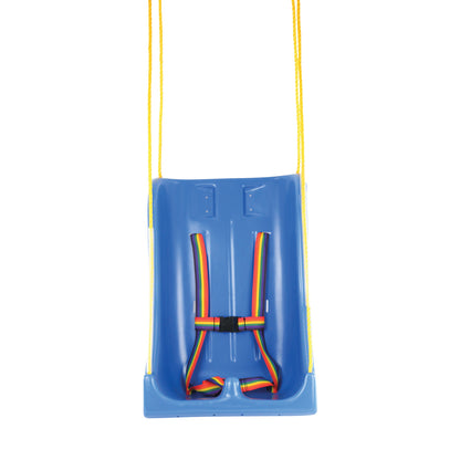 The Skillbuilders Full Support Swing Seat is a blue swing with yellow ropes and a rainbow harness for secure support.