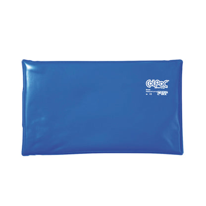 A blue Chattanooga Hydrocollator ColPac cold therapy gel pack, rectangular in shape, lies flat with printed text on the surface.