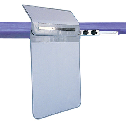 The RayShield Dual Lock Single Pivot Under Table Shield is attached to a horizontal bar, featuring a flap and two adjustable knobs.