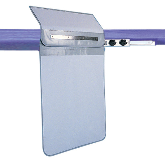 The RayShield Dual Lock Single Pivot Under Table Shield is attached to a horizontal bar, featuring a flap and two adjustable knobs.