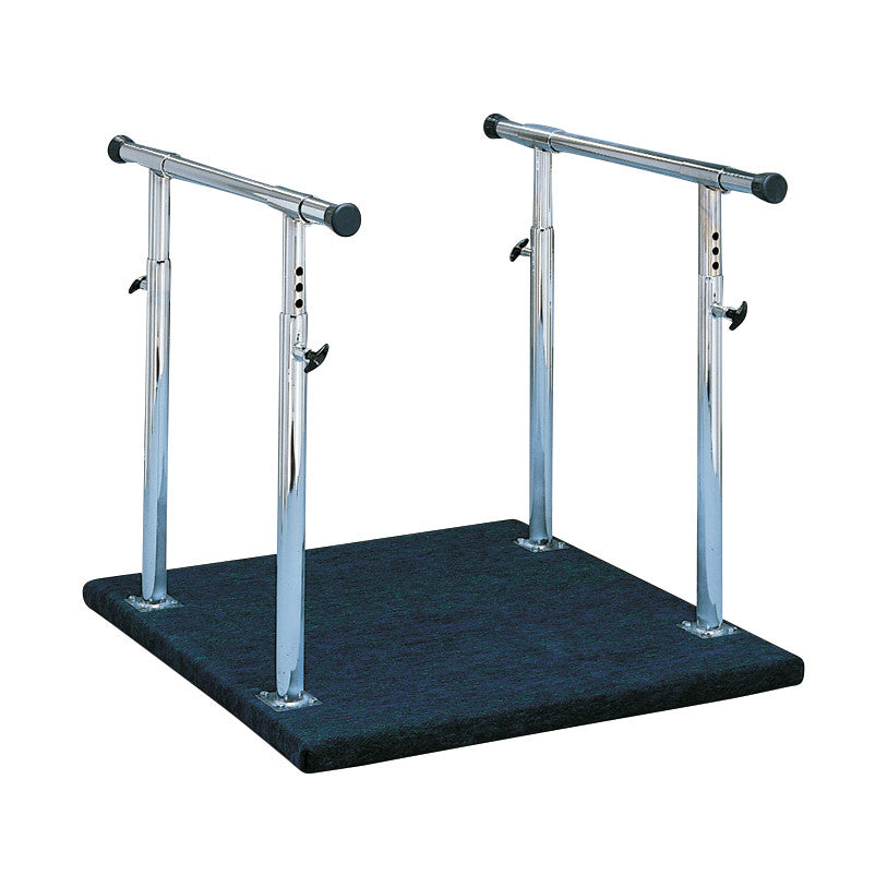 Bailey Multi-Exercise Balance Platform with adjustable chrome support bars and a black cushioned base for stability exercises.