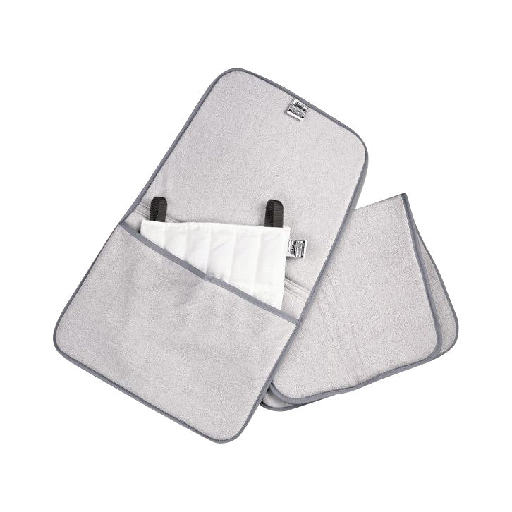 A Chattanooga Hydrocollator Terry Cover, gray in color, with a pocket and white insert, featuring corner loops and a simple design.