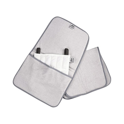 A Chattanooga Hydrocollator Terry Cover, gray in color, with a pocket and white insert, featuring corner loops and a simple design.