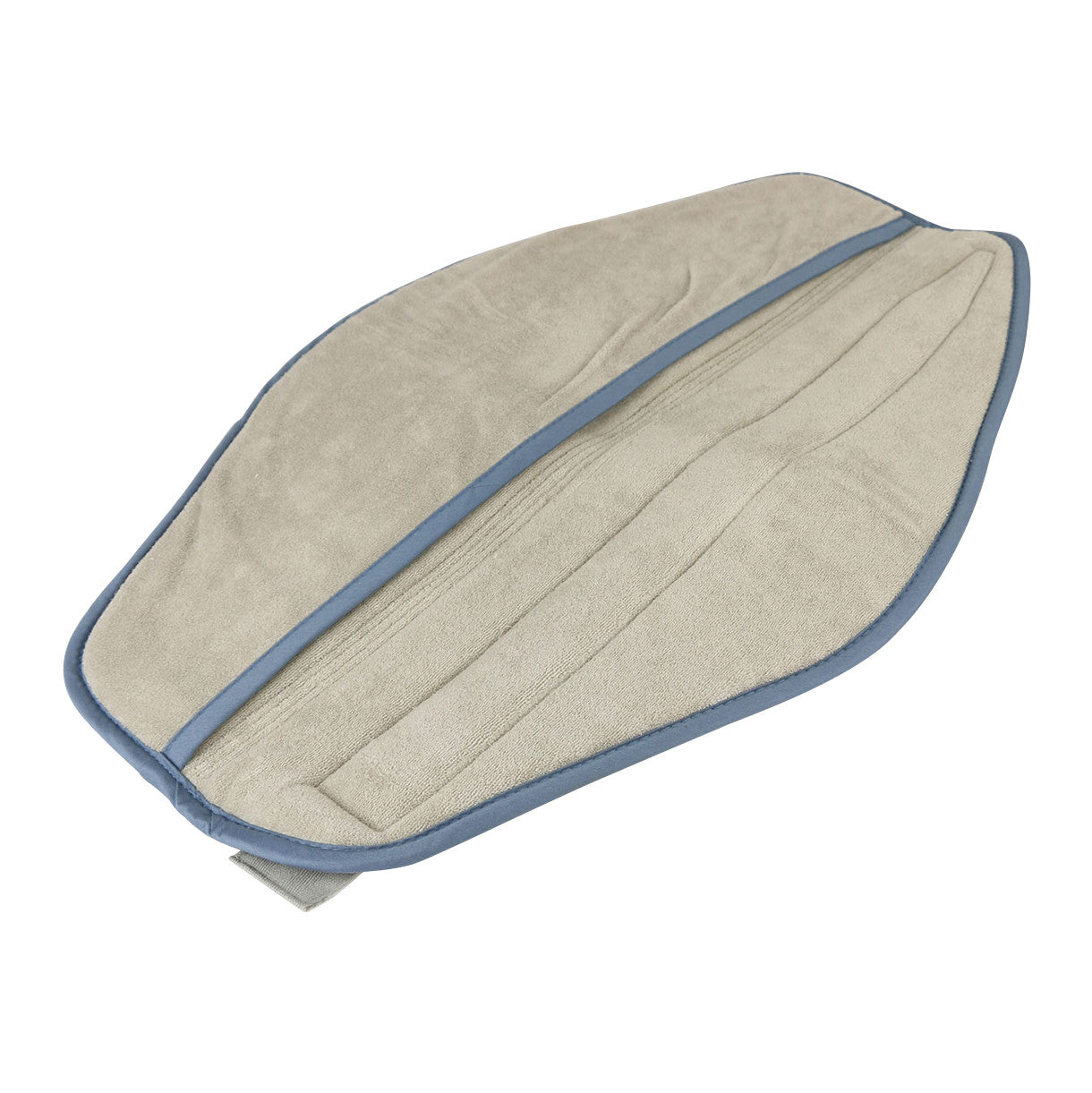 A Chattanooga Hydrocollator Terry Cover, oval-shaped with a beige terry cloth surface and blue edging, viewed from above.