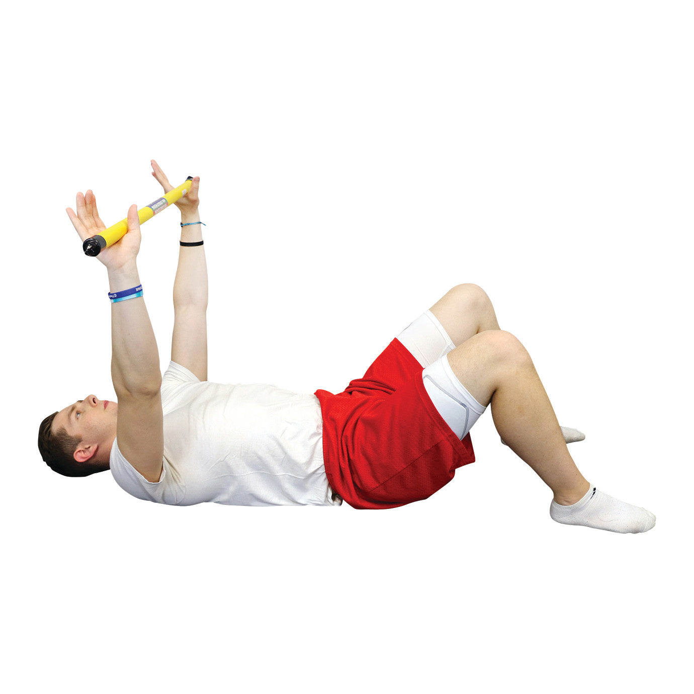 A person is lying on their back, knees bent, holding a CanDo WaTE Bar with both hands, in a neutral-colored background.