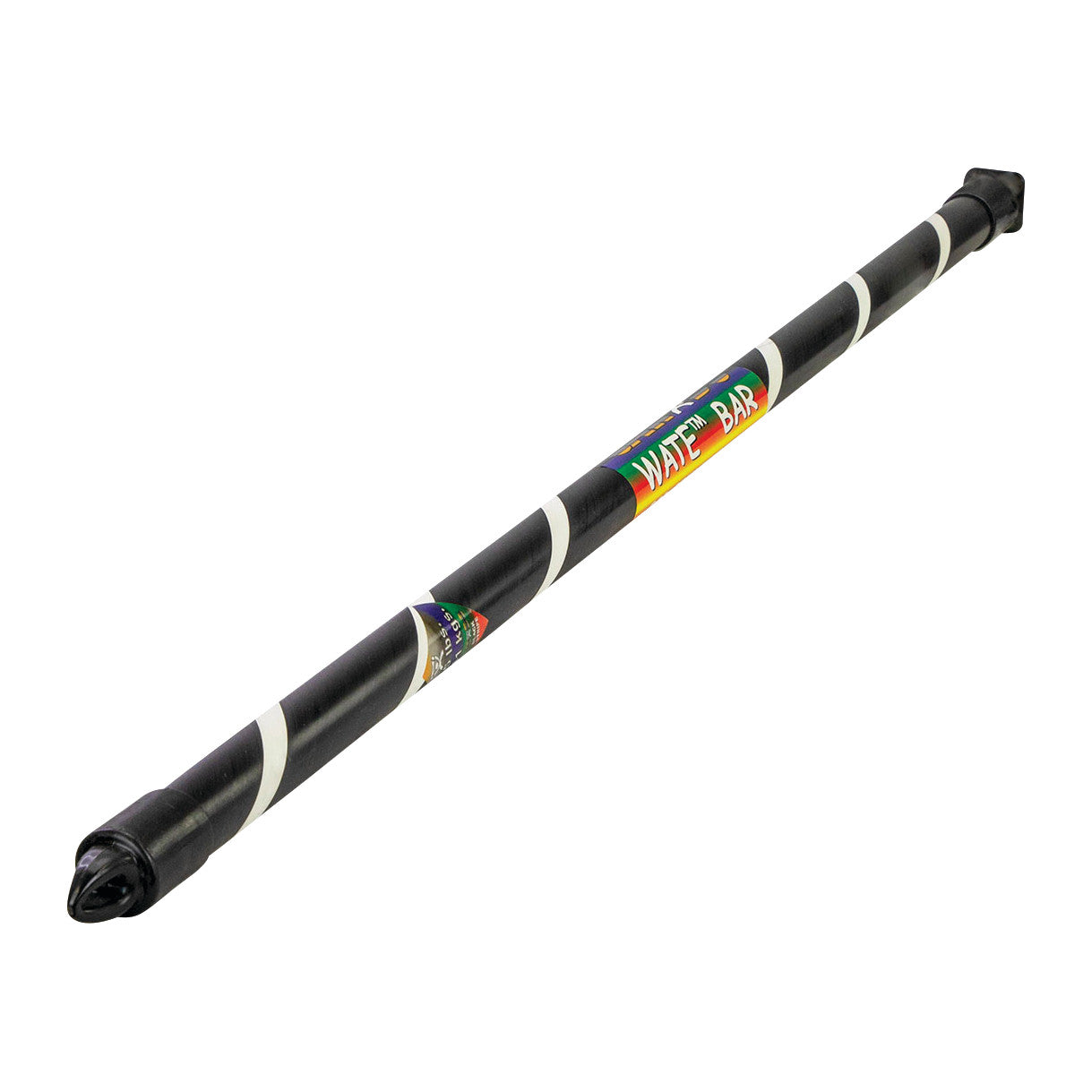 A black and silver exercise bar with a colorful label displaying "CanDo WaTE Bar" on its side, designed for weight training.