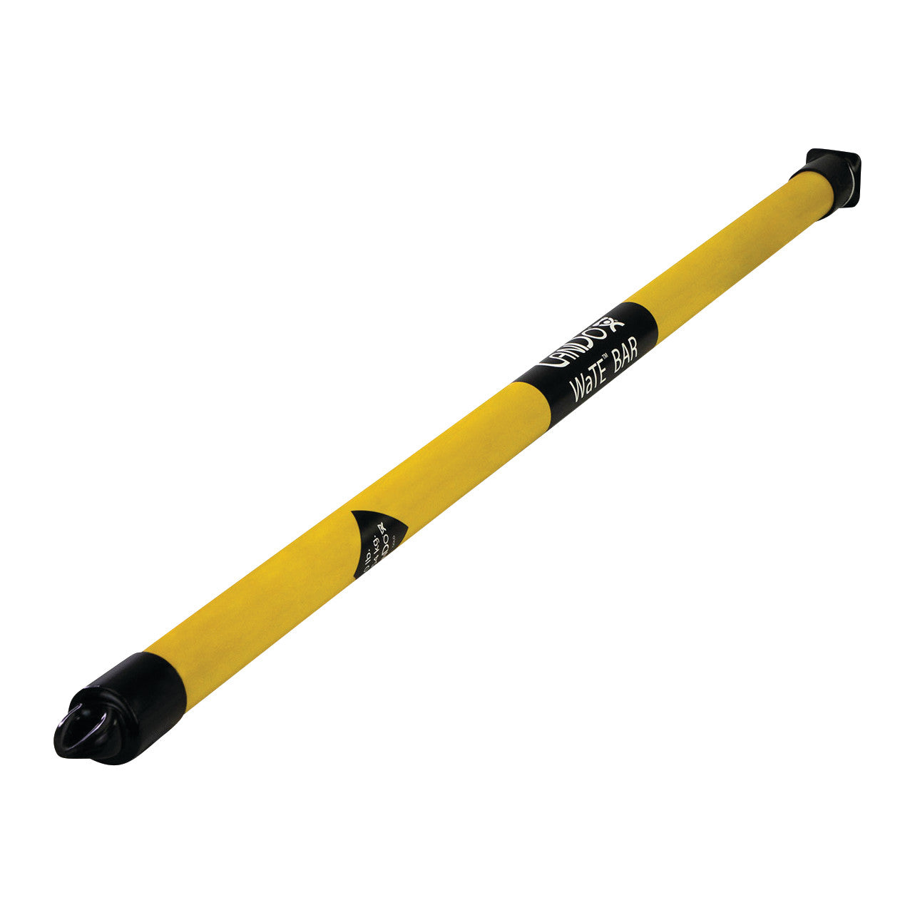 A yellow CanDo WaTE Bar, a weighted exercise bar, with black endcaps and a center label, angled on a white background.