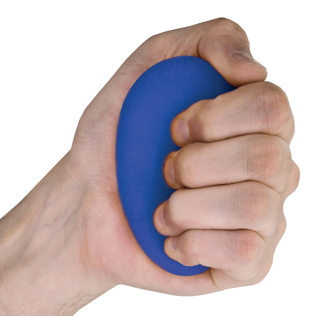 A hand squeezes a blue Eggsercizer Hand Exerciser, showcasing its oval shape and soft texture.