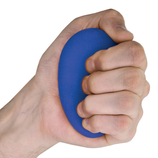 A hand squeezes a blue Eggsercizer Hand Exerciser, showcasing its oval shape and soft texture.