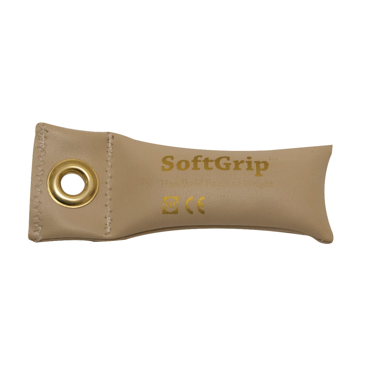 The CanDo SoftGrip Weight is a beige, rectangular padded grip with a metal grommet, designed for hand-held resistance exercises.