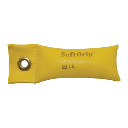 Yellow CanDo SoftGrip Weight with a grommet on one end and text printed on the surface, designed for handheld exercise use.