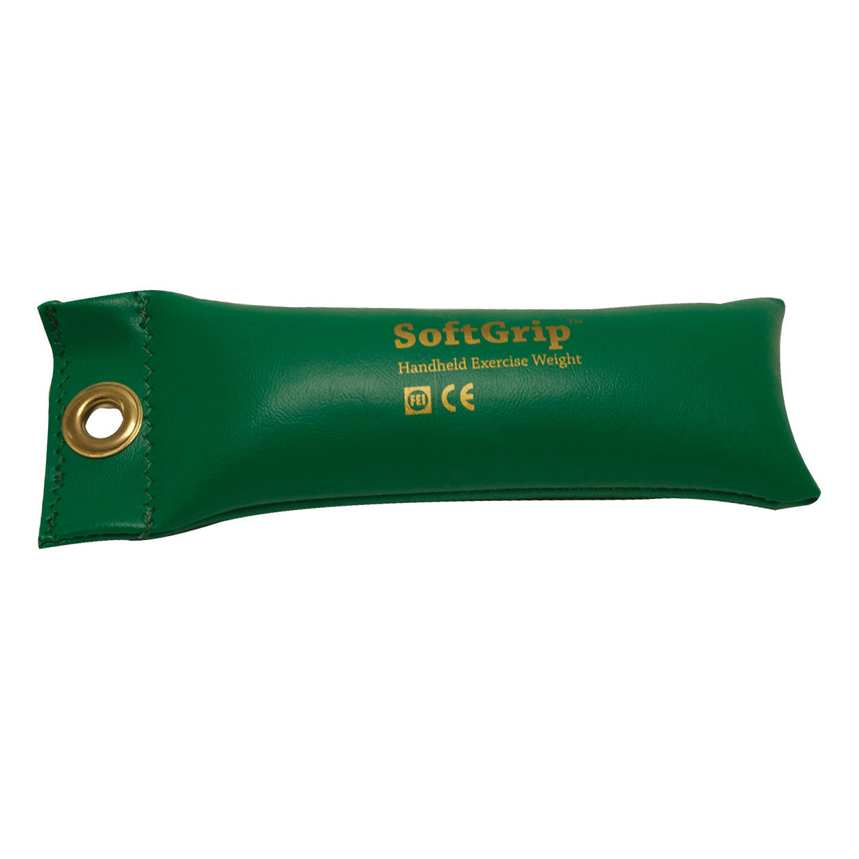 A green CanDo SoftGrip Weight designed for handheld exercise, featuring a grommet on one end and printed details on the surface.