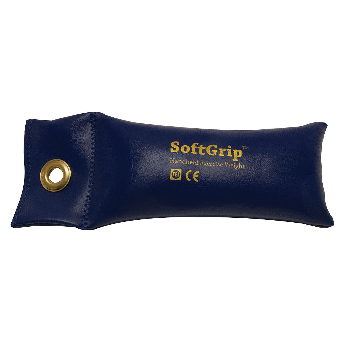 A blue CanDo SoftGrip Weight, a handheld exercise weight, with gold text and a metal grommet on one end for easy gripping.