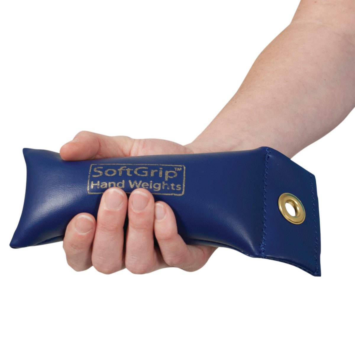 A hand holds a blue CanDo SoftGrip Hand Weight with gold text and a metal grommet.