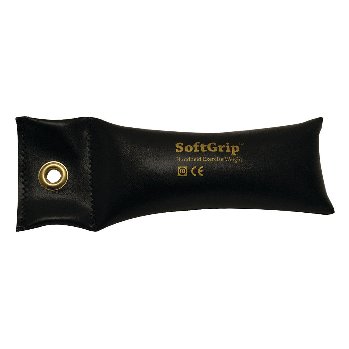 The image shows a black CanDo SoftGrip Weight, shaped like a soft, elongated bag with a brass grommet for easy handling.