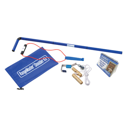 RangeMaster Shoulder Kit includes a blue pulley system, cane, wooden handles, instruction booklet, and carrying bag.